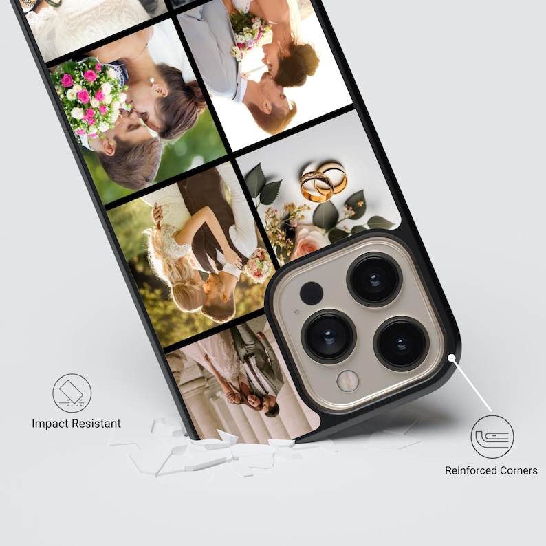 Custom wedding photo collage phone case featuring multiple bride and groom moments – perfect personalized gift for anniversary or newlyweds.