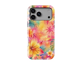 Tropical Dusk iPhone Case, Pink Orange Floral, Tough or MagSafe