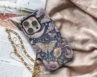 Moonbeam Moth Phone Case for iPhone Samsung Galaxy, Celestial Moon Case, Luna Moth Phone Cover, Cottagecore Floral Aesthetic