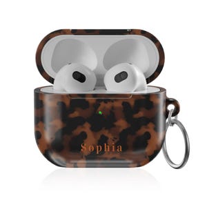 Spersonalizowane etui na AirPodsy z szylkretową skorupą | Etui na AirPodsy z niestandardową nazwą | Eleganckie brązowe etui z szylkretową skorupą i brelokiem
