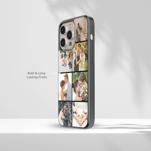Custom wedding photo collage phone case featuring multiple bride and groom moments – perfect personalized gift for anniversary or newlyweds.