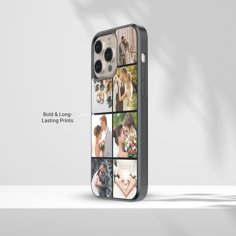 Custom wedding photo collage phone case featuring multiple bride and groom moments – perfect personalized gift for anniversary or newlyweds.
