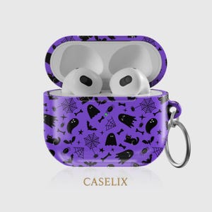 Halloween AirPods Case Purple Ghosts Bats Spider Web Gothic Spooky AirPods Pro Case AirPods 3rd Gen Protective Cover