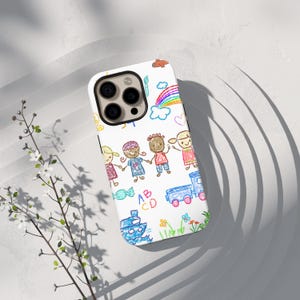Custom Kids Drawing Phone Case, Child Art Crayon Doodle iPhone Case, Personalized Teacher Gift Case, Fits iPhone 16 15 Pro Max
