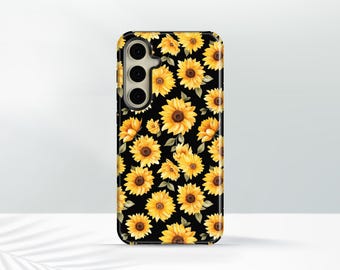 Sunflower Samsung Galaxy Phone Case, Black & Yellow Floral Design