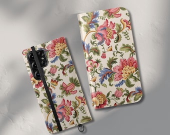 Vintage Floral Folio Phone Case Wallet Cover, Leather Phone Cover for Women, Card Holder Foldable Case iPhone 17 Pro Max Samsung Galaxy S26