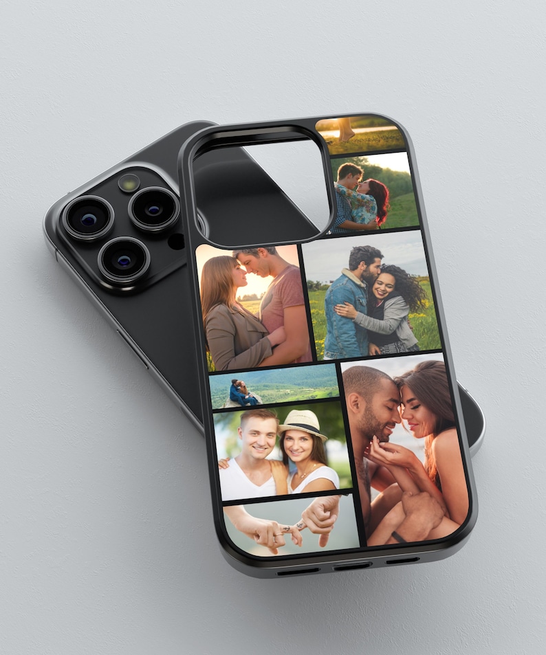 Custom wedding photo collage phone case featuring multiple bride and groom moments – perfect personalized gift for anniversary or newlyweds.