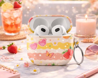 Cute Strawberry AirPods Case Butterfly Daisy Pattern AirPods Pro Case AirPods 3 AirPods 4 Aesthetic Summer AirPod Cover with Keychain