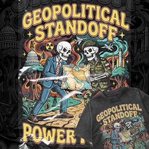 Puede incluir: Un diseño de camiseta negra con las palabras "GEOPOLITICAL STANDOFF" en amarillo y un gráfico de dos esqueletos examinando un mapa. El diseño incluye ilustraciones de un edificio del Capitolio, figuras militares y el texto "POWER PLAY."