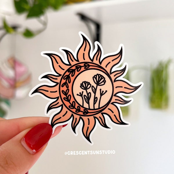 Sun Sticker, Boho Hippie Water Bottle Decal, Sun Moon and Flowers | Warm Aesthetic Art for Laptop, Journal, Tablet | Nature Lover Gift