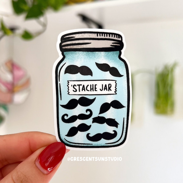 Stache Jar Sticker, Mustache Water Bottle Decal, Stash Jar Sticker | Funny Decor for Laptop, Journal, Tumbler, Planner | Facial Hair Pun