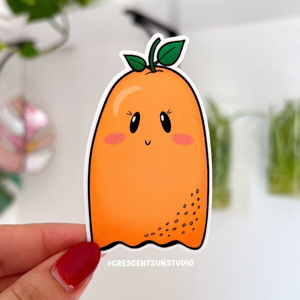 Kawaii Orange Ghost Sticker, Whimsical Fruit Water Bottle Decal | Cute Citrus Food Art for Laptop, Journal, Tablet, Tumbler