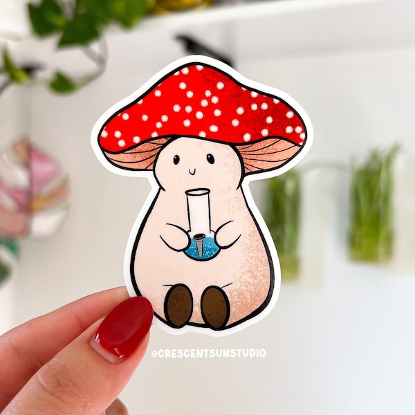 Mushroom with Waterpipe Sticker, Stoner Water Bottle Decal | Kawaii Fungi Sticker for Laptop, Journal, Rolling Tray | Pothead 420 Gift
