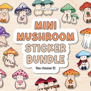 Mini Mushroom Sticker Pack, You Pick 5 Bundle, tiny stickers for phone, cute cottagecore small stickers for water bottle, laptop decals