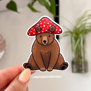 Grizzly Bear Sticker, Cute Hiking Water Bottle Sticker, Mushroom Brown Bear Laptop Sticker, Nature Lover Gift, Rocky Mountain Animal Sticker