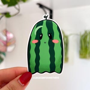 Cute Green Watermelon Sticker, Kawaii Fruit Ghost Water Bottle Sticker, Whimiscal Laptop Sticker, Best Friend Gift, Fruit Lover Gift
