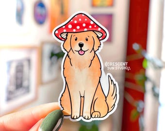 Golden Retriever Mushroom Sticker, Dog Lover Water Bottle Sticker, Dog Laptop Sticker, Dog Mom Gift, Dog Dad Gift, Cute Animal Sticker