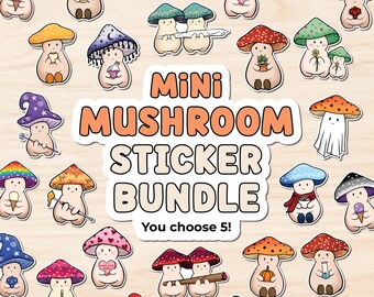 Mini Mushroom Sticker Pack, You Pick 5 Bundle, tiny stickers for phone, cute cottagecore small stickers for water bottle, laptop decals