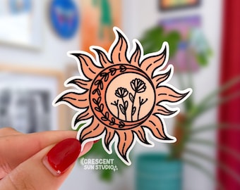 Pretty Sun Sticker, Western Sun Water Bottle Sticker, Sun Moon and Flowers Laptop Sticker, Nature Lover Gift, Eclipse Art, Boho Aesthetic