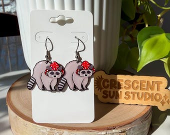 Raccoon Mushroom Earrings, Cottagecore Mushroom Earrings, Handmade Lightweight Dangle Earrings with Stainless Steel Hardware, Trash Panda