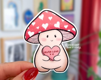 Sticker snoep hart paddestoel, sticker liefde paddestoel waterfles, roze cottagecore laptopsticker, klein valentijnscadeau, Mush Love For You
