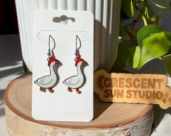 Goose Mushroom Earrings, Cottagecore Goose Earrings, Handmade Lightweight Dangle Earrings with Stainless Steel Hardware, Silly Goose Gift