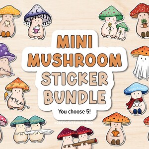 Mini Mushroom Sticker Pack, You Pick 5 Bundle, tiny stickers for phone, cute cottagecore small stickers for water bottle, laptop decals