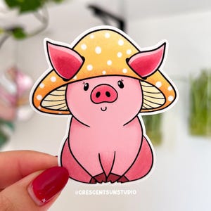 Cute Pig Sticker, Cottagecore Animal Water Bottle Sticker, Kawaii Pig Lover Laptop Sticker, Farm Animal Sticker, Yellow Mushroom Hat