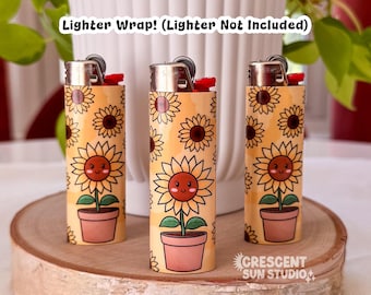 Envoltório para isqueiro de girassol, envoltório fofo para isqueiro Cottagecore, adesivo kawaii para isqueiro de girassol - inclui SOMENTE envoltório para isqueiro