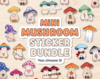 Mini Mushroom Sticker Pack, You Pick 5 Bundle, tiny stickers for phone, cute cottagecore small stickers for water bottle, laptop decals