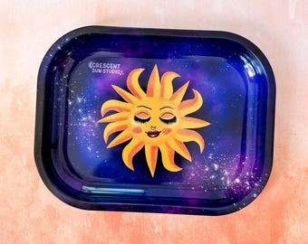 Sun with Face Rolling Tray, Original Artwork Stoner Accessories, Trippy Galaxy Metal Rolling Tray, 420 Gift for Pothead Best Friend