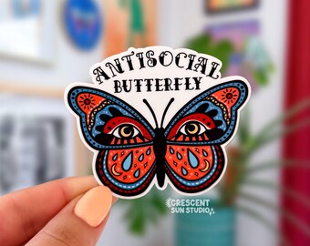 Antisocial Butterfly Sticker, Introvert Water Bottle Sticker, Sarcastic Laptop Sticker, Best Friend Gift