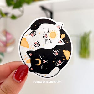 Yin Yang Sticker, Cute Cat Water Bottle Sticker, Sun and Moon Cats Laptop Sticker, Witchy Celestial Decal, Cat Lover Gift