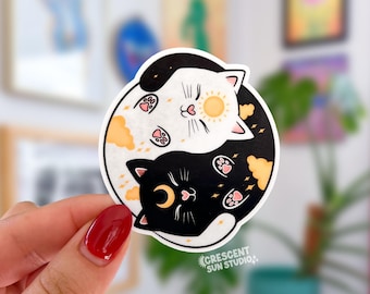 Cat Yin Yang Sticker, Cute Cat Water Bottle Sticker, Sun and Moon Cats Laptop Sticker, Witchy Celestial Decal, Cat Lover Gift, Cats Hugging