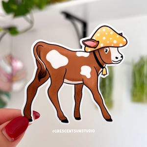 Cute Cow Sticker, Cottagecore Mushroom Cow Water Bottle Sticker, Kawaii Calf Laptop Sticker, Whimsical Baby Cow Sticker, Cow Lover Gift