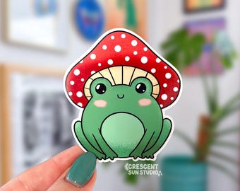 Mushroom Frog Sticker, Cute Frog Water Bottle Sticker, Kawaii Frog Lover Laptop Sticker, Cottagecore Frog Journal Sticker