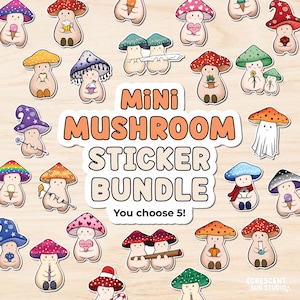 Mini Mushroom Sticker Pack, You Pick 5 Bundle, tiny stickers for phone, cute cottagecore small stickers for water bottle, laptop decals
