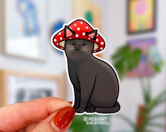 Sticker zwarte kat, Cottagecore Mushroom kat waterfles sticker, kat moeder laptop sticker, leuk cadeau voor kattenliefhebbers, dierenarts tech cadeau, ongeldige kat