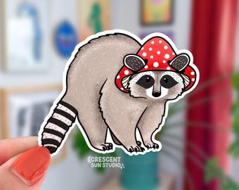 Paddenstoel Wasbeer Sticker, Jimothy de Wasbeer, Cottagecore Dieren Waterfles Sticker, Trash Panda Laptop Sticker, Cadeau voor Wasbeerliefhebbers