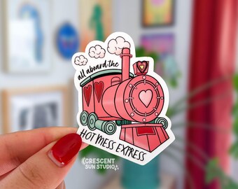 Alle an Bord des Hot Mess Express Aufkleber, lustiger sarkastischer Wasserflaschenaufkleber, niedlicher Erwachsenen-Laptopaufkleber, Muttergeschenk, Arbeit Bestie-Geschenk
