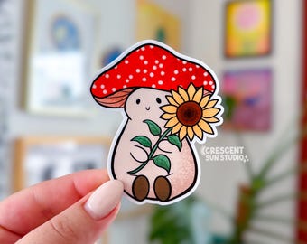 Sunflower Mushroom Sticker, Cute Mushroom Water Bottle Sticker, Plant Lover Laptop Sticker, Sunflower Lover Gift, Fall Aesthetic Sticker