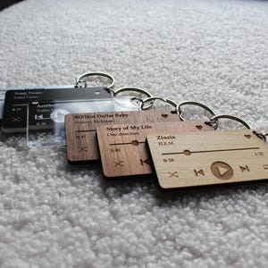 Pode incluir: Cinco chaveiros de madeira com títulos de músicas e artistas gravados neles. Os chaveiros estão presos a argolas de chave de prata. Os chaveiros estão dispostos em uma fila, com o primeiro chaveiro à esquerda e o último chaveiro à direita. Os chaveiros são todos de madeira e têm um acabamento natural. Os títulos das músicas e os artistas estão gravados em tinta preta. Os chaveiros são todos de tamanhos e formas diferentes. Os chaveiros estão todos presos a argolas de chave de prata. Os chaveiros estão todos em foco.