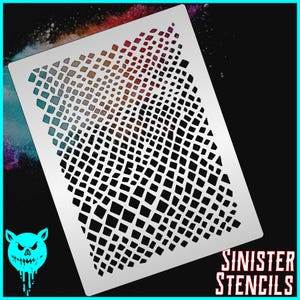 Könnte beinhalten: Eine weiße Schablone mit einem geometrischen Muster aus quadratischen Formen. Das Muster wechselt von Blau zu Rot. Der Text "SINISTER STENCILS" befindet sich in fetter, stilisierter Schrift unten rechts. Ein türkisfarbenes Monster-Logo befindet sich unten links.