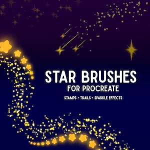May include: Digital graphic with a dark blue to purple gradient background. The text "STAR BRUSHES FOR PROCREATE" is in white. Gold stars and trails of stars are scattered throughout the image. The text "STAMPS • TRAILS • SPARKLE EFFECTS" is below the main text.