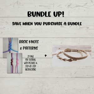 Peut inclure: Un téléchargement numérique d'un tutoriel PDF de 29 pages pour la fabrication de bracelets d'amitié. Le tutoriel comprend des instructions étape par étape et des images de nœuds et de motifs de base. L'image montre deux exemples de bracelets réalisés avec les nœuds et les motifs.