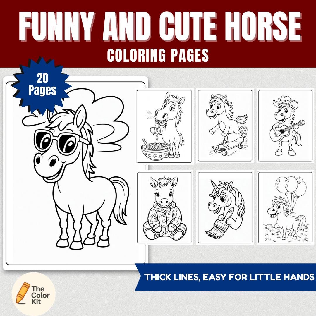 Funny Horse Coloring Pages for Kids, Silly Animal Coloring Book for