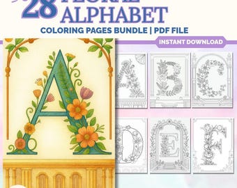 Floral Alphabet Coloring Pages A-Z | Botanical Letters (Digital Download)
