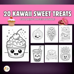 Kawaii süße Leckereien Malseiten, süßes druckbares Malbuch für Kinder, Cupcakes Donuts Süßigkeiten, Instant Download PDF