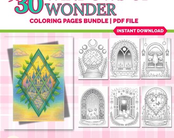 Dibujos para colorear de ventanas con flores, arte fantástico, bosque encantado (descarga digital)