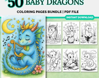 Libro para colorear de bebé dragón / 50 páginas de arte fantástico (PDF)